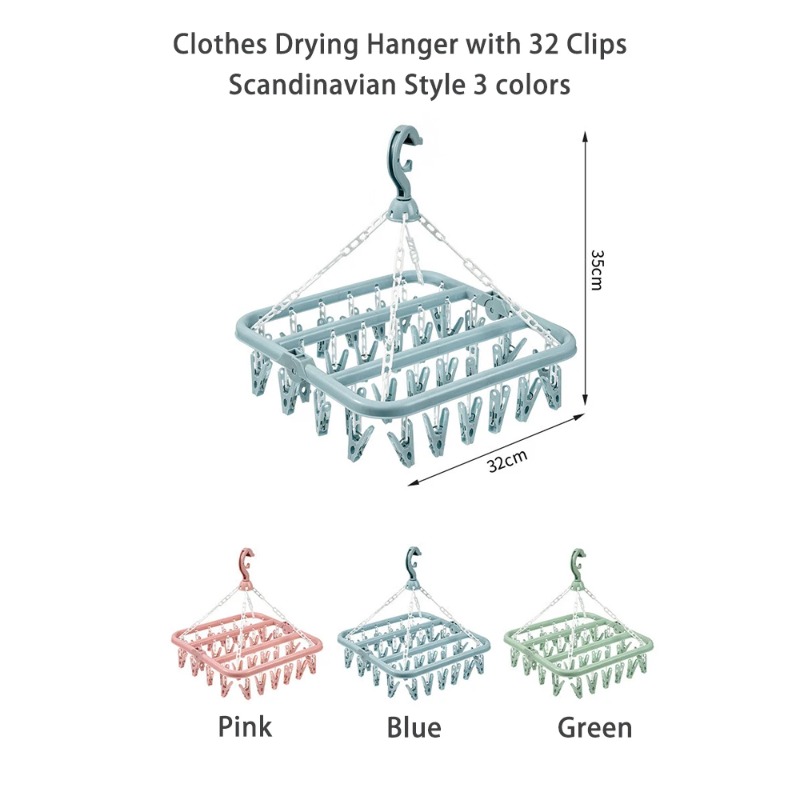 Baby Clothing Hanging Rack - 衣類乾燥ハンガー 32個のクリップとドリップ付き折りたたみ式吊り下げラック 靴下、ブラジャー、タオル、下着、帽子、スカーフ、パンツ、ベビー服用