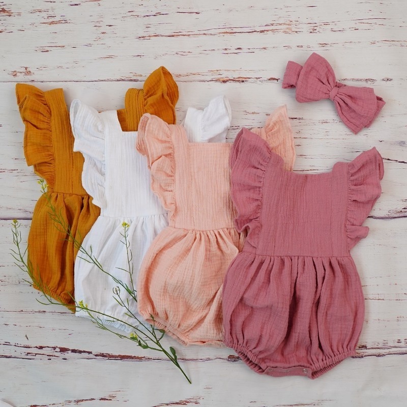 新生児用ダブルガーゼフリルロンパース、ヘッドバンド付き、ベビ - Baby Clothing Organic のレビューと価格