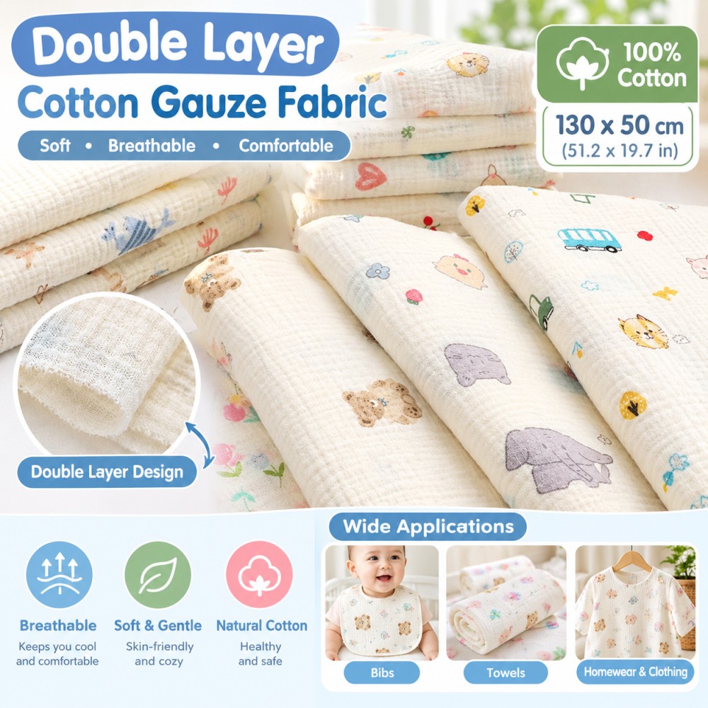 130cm×50cmの綿製二重ガーゼ生地。かわいらしい漫画柄 - Baby Clothing Usa のレビューと価格